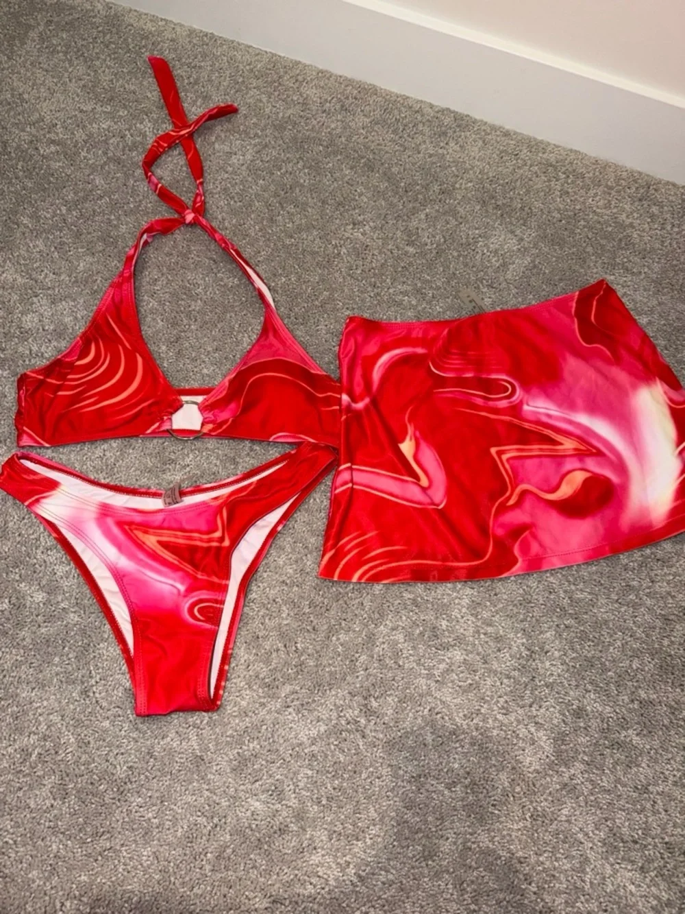 SHEIN Red & Pink Marble Three-Piece Bikini Set with Mini Skirt